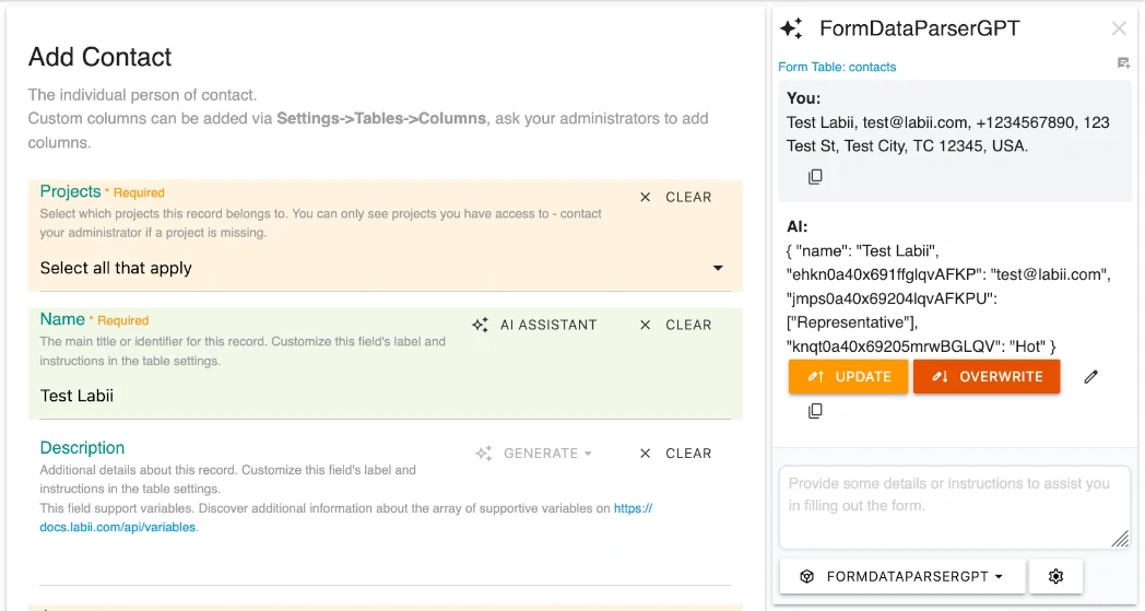 AI-Assistent in der Formularansicht – Intelligente Datengenerierung, Feld für Feld
